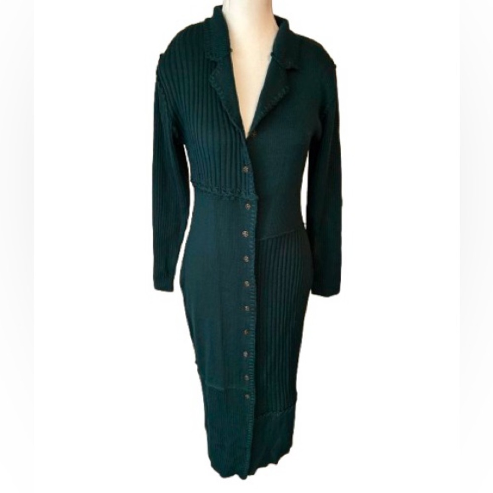 Vintage Long Cardigan Small Dark Green Sweater Wool Blend Carole Little Knit